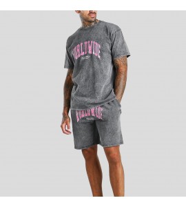 Washed and distressed printed short-sleeved T-shirt and shorts suit